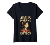 Womens Jesus Loves Me and My Tattoos V-Neck T-Shirt