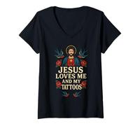 Womens Jesus Loves Me and My Tattoos V-Neck T-Shirt