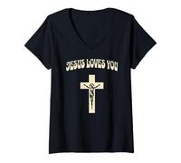 Womens Jesus Loves You Bold Cross Crucifixion Graphic V-Neck T-Shirt