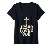 Womens Jesus Loves You Cross Crucifixion Graphic V-Neck T-Shirt