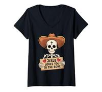 Womens Jesus Loves You Skeleton Funny Christian Cowboy Art V-Neck T-Shirt