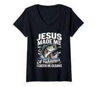 Womens Jesus Made Me a Fisherman I Catch He Cleans Christian Bible V-Neck T-Shirt