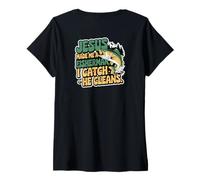 Women's Jesus Made Me A Fisherman I Catch He Cleans V-Neck T-Shirt