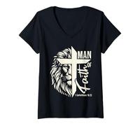 Womens Jesus Man of Faith I Corinthians 16 13 Lion Cross V-Neck T-Shirt
