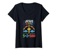 Women's Jesus Math Loaves and Fish Miracle Faith V-Neck T-Shirt