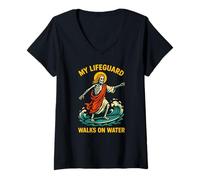 Womens Jesus My Lifeguard Walks on Water Fun Mens Christian Faith V-Neck T-Shirt