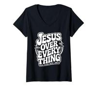 Women's Jesus Over Everything Christian Faith Bible Verse V-Neck T-Shirt