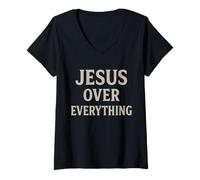 Womens Jesus Over Everything Christian Inspirational Motivational V-Neck T-Shirt