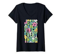 Women's Jesus Over Everything Summer Christian Hawaiian Tropical Fun V-Neck T-Shirt