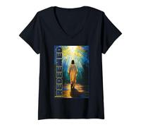 Womens Jesus Redeemed Ephesians 1:7 Stained Glass Christian V-Neck T-Shirt