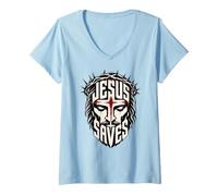 Women's Jesus Saves Bold Cross Christian Faith Design V-Neck T-Shirt