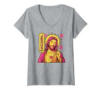 Womens Jesus Saves Christian Anime Sacred Heart Manga Pop Art Pink V-Neck T-Shirt