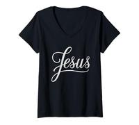 Women's Jesus Script Hand Lettered Christian Faith Design V-Neck T-Shirt