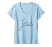 Womens Jesus Script Minimal Christian Faith Design V-Neck T-Shirt