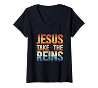 Womens Jesus Take The Reins - Inspirational Christian Surrender V-Neck T-Shirt