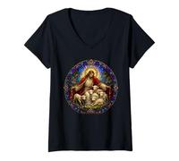 Women's Jesus the Shepherd Protects Lambs Cathedral Mosaic Art V-Neck T-Shirt