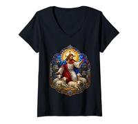 Women's Jesus the Shepherd Protects Lambs Christian Stained Glass V-Neck T-Shirt