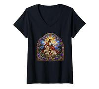 Women's Jesus the Shepherd Protects Lambs Gothic Cathedral Icon V-Neck T-Shirt