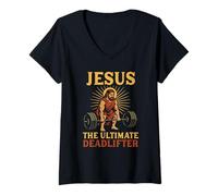 Womens Jesus The Ultimate Deadlifter Christian Gym Workout Deadlift V-Neck T-Shirt