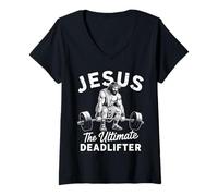 Womens Jesus The Ultimate Deadlifter Motivational Christian Gym V-Neck T-Shirt