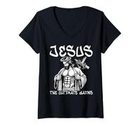 Womens Jesus The Ultimate Gains Christian Fitness Workout Training V-Neck T-Shirt