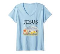 Womens Jesus The Way The Truth The Life Watercolor Mountains V-Neck T-Shirt