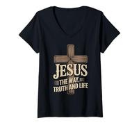 Women's Jesus The Way Truth and Life Cross Message V-Neck T-Shirt