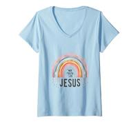 Women's Jesus The Way Truth Life Christian Rainbow Scripture V-Neck T-Shirt