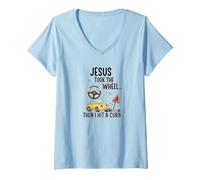 Womens Jesus Took The Wheel Then I Hit a Curb Funny Christian V-Neck T-Shirt