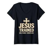 Women's Jesus Trained, God Family Wrestling V-Neck T-Shirt