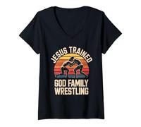 Womens Jesus Trained God Family Wrestling V-Neck T-Shirt