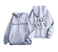 Women's Jesus Trust In The Lord Hoodies Cute Fashion Love Like Jesus Christian Zip Up with Hood Tops God Thin Trendy Fleece Lined Graphic Letter Drawstring Clothes Ladies Faith Y2K Light Gray