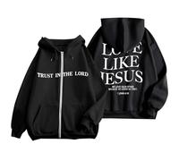 Women's Jesus Trust In The Lord Hoodies Cute Fleece Lined Christian Workou University Pullover Faith Sweaters for Teens Love Like Jesus Drawstring Graphic Trendy Letter Zip Up Ladies Black