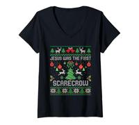 Womens Jesus was The First Scarecrow Ugly Christmas Sweater V-Neck T-Shirt