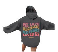 Womens Jesus We Love Because He First Loved Us Cartoon Hoodies Christian Long Sleeve Comfort Graphic Pullover Religious Outfits for Teens Sports Letter Fall Tops God Faith Sweaters Light Pink