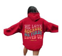 Womens Jesus We Love Because He First Loved Us Cartoon Hoodies Christian Long Sleeve Comfort Graphic Pullover Religious Outfits for Teens Sports Letter Fall Tops God Faith Sweaters Blue