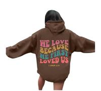 Womens Jesus We Love Because He First Loved Us Cartoon Hoodies Christian Long Sleeve Comfort Graphic Pullover Religious Outfits for Teens Sports Letter Fall Tops God Faith Sweaters Sky Blue