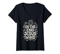 Womens Jesus Wins Christian Hand-Drawn Faith Inspirational Design V-Neck T-Shirt