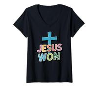Womens Jesus Won Christian Saying Faith Redemption Cross V-Neck T-Shirt