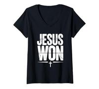 Womens Jesus Won Victory Cross Faith Christian Belief V-Neck T-Shirt