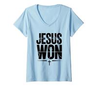 Womens Jesus Won Victory Cross Faith Christian Belief V-Neck T-Shirt