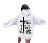 Women's Jesus You Are Known Loved Worthy Chosen Enough Hoodies Comfort Crewneck Christian Fall Pullover Tops God Workou Long Sleeve Trendy Graphic Casual Hooded Clothes Y2K Soft Cool White