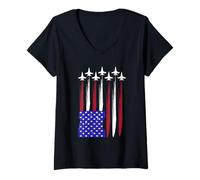Womens Jets 4th of July Patriotic Red White Blue USA Flag Fighter V-Neck T-Shirt