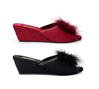 Womens Jewelled Rosette Boa Wedge Mule Slippers Ladies Mule Slippers Womens Mules Ladies Mules Womens Wedge Heel Slippers Ladies Wedges 8 UK Black