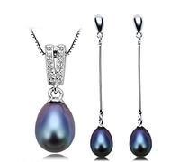women's jewelry 925 Sterling Silver Chain Natural Freshwater Pendant Earrings Fashion Jewelry Set For Women 8-9mm Pearl Black necklace
