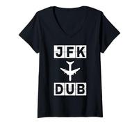Women's JFK to Dub Flight Route New York Dublin Codes V-Neck T-Shirt