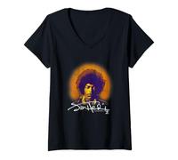 Womens Jimi Hendrix Halo Portrait with Signature Vintage Band V-Neck T-Shirt