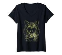 Women's Jimothy Raccoon Magical Unicorn Full Moon Cottagecore Women V-Neck T-Shirt