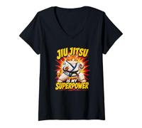 Women's Jiu Jitsu is My Superpower - Chubby Grappling Cat V-Neck T-Shirt