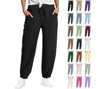 Womens Joggers Elasticated Waist Solid Drawstring Wrinkled Look Cuffed Sweatpants with Pockets Lightweight Breathable Quick Dry Jogging Bottoms Baggy Straight Wide Leg Tracksuit Plus Size Black